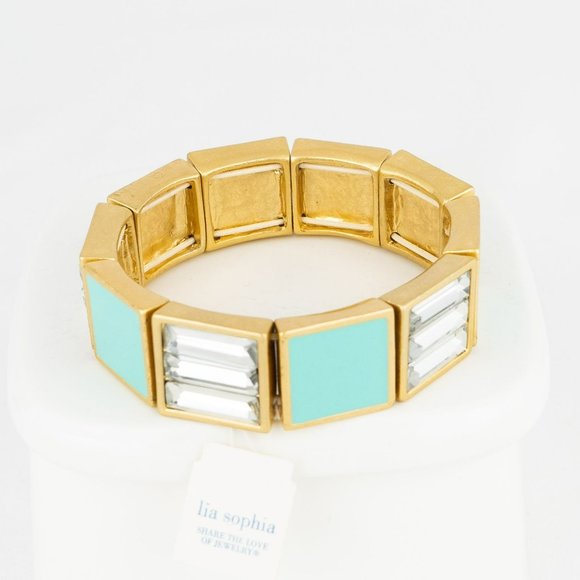 Turquoise Enamel Cut Crystal Stretch Bracelet Gold Tone Lia Sophia Designer Line - Picture 5 of 5